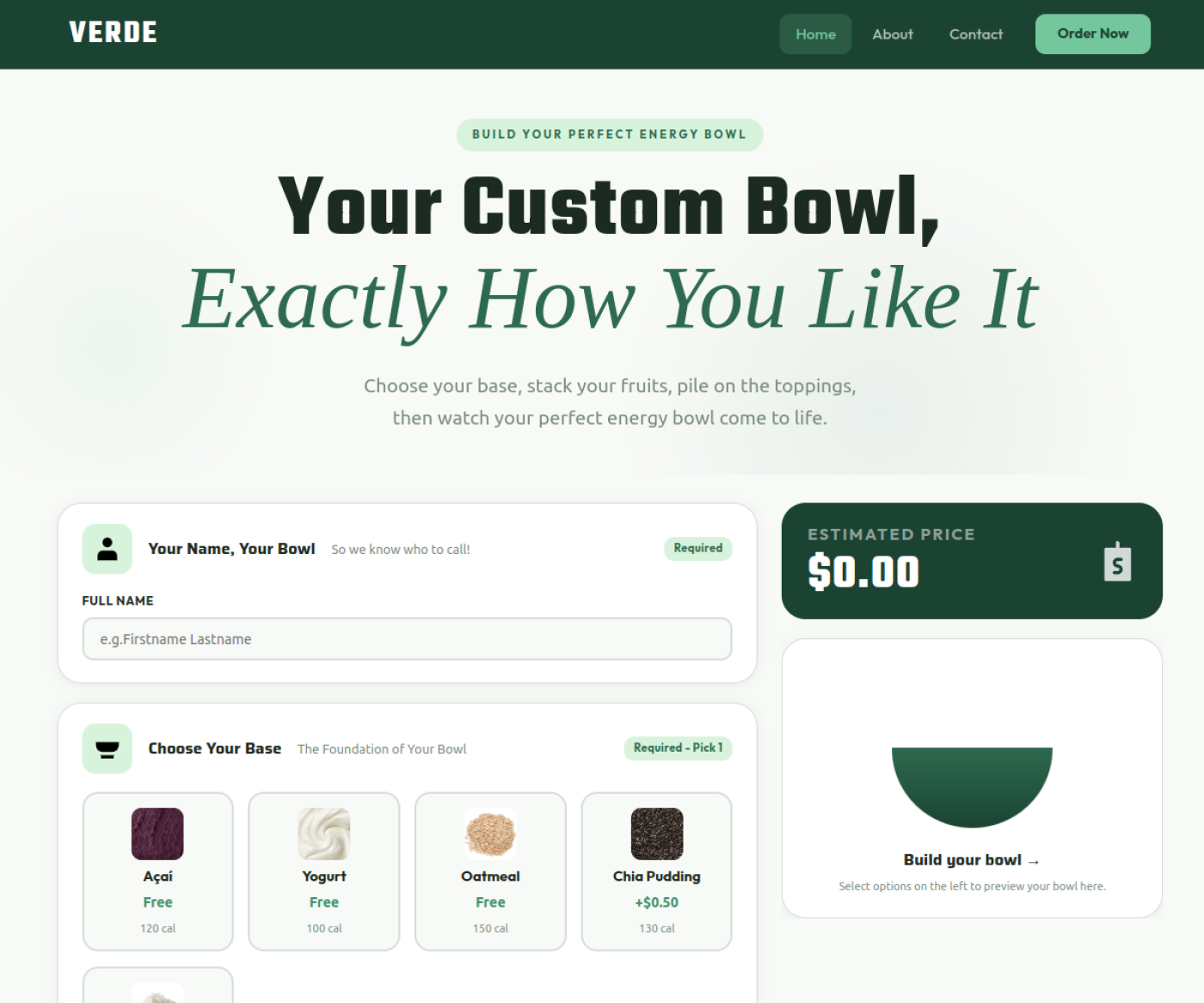 VERDE custom energy bowl builder